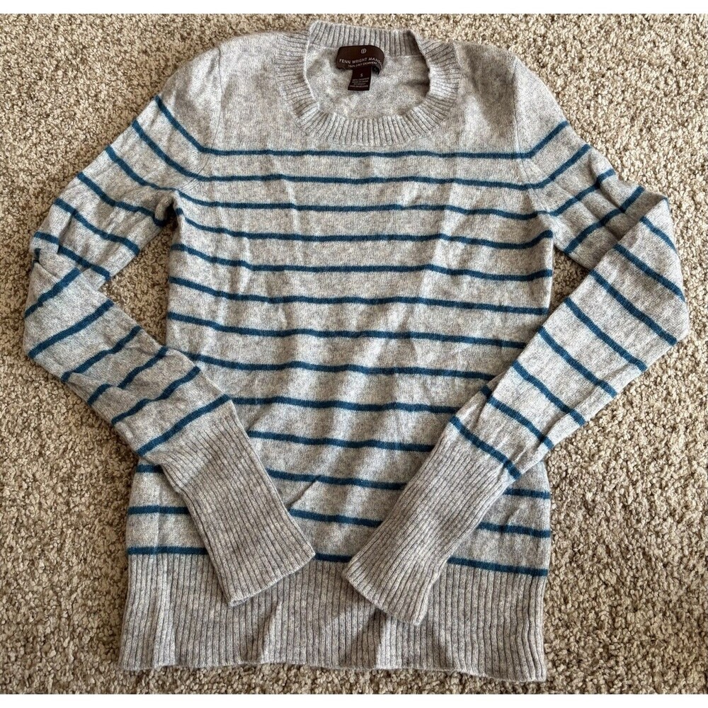 FENN WRIGHT MANSON 100% Cashmere Gray With Teal Stripes Sweater, Small